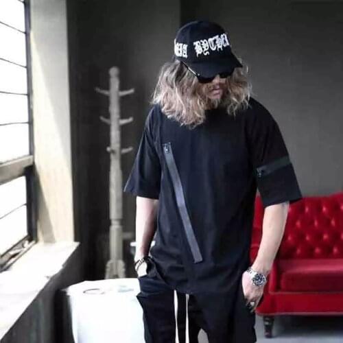 Korean mens summer new asymmetric zipper loose trend Casual Short Sleeve T-Shirt Large Size Youth versatile