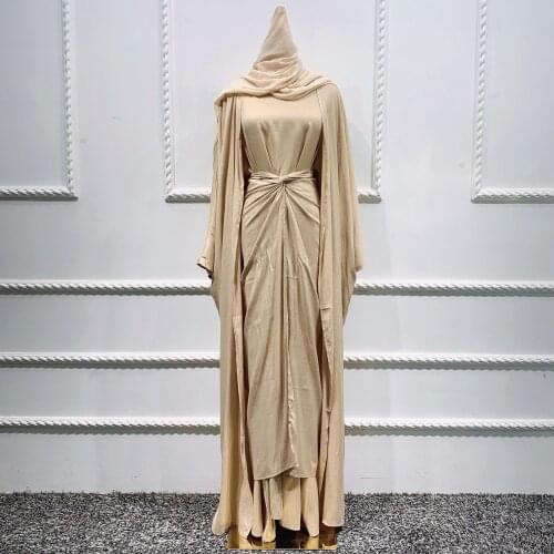 4 Piece Hijab Matching Set Women Muslim Linene Arabic Modest Outfit Plain Kimono Open Abaya Maxi Dress Wrap Front Skirt Long Eid