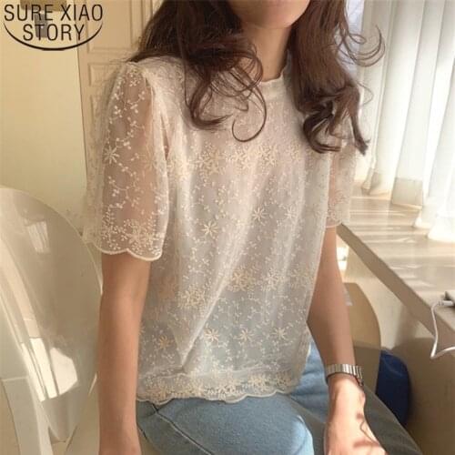 Fashion Shirts 3D Flower Sexy See Through Blouse Women Elegant Lace Tops Women Stand Collar Short Sleeve Temperament Shirt 14400