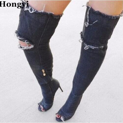 Hongyi New fashion sexy open toe woman boots cutouts gladiator boots 2017 high quality denim thigh high boots thin heels boots
