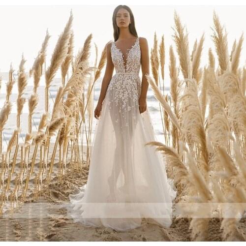 Beach A Line Tulle Wedding Dresses Floral Lace Applique 2020 Bridal Gowns Sexy V Neck Open Back Sweep Train Vestido De Noiva