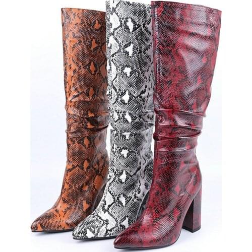 Fashion Women Snakeskin Pattern Knee Boots Autumn Winter New Zipper Womens Shoes Ladies Thick Heel Large Size Comfortable Boots