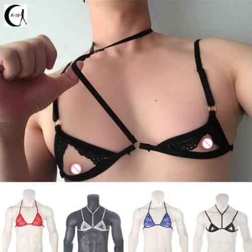 Sexy Men Sheer Lace Lingerie Exotic Bras Sissy Nightwear Halter Neck Adjustable Straps Open Hole Harness hombre Mini Bra Top