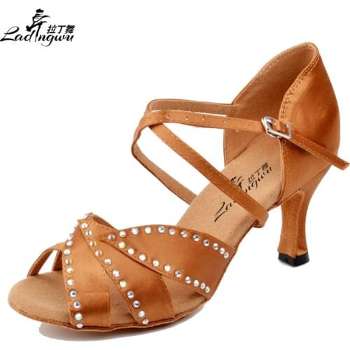 Ladingwu Pink/brown Dance Shoes Women Satin Collocation Shine Rhinestone Salsa Dance Shoes Ladies Latin Womens High Heels