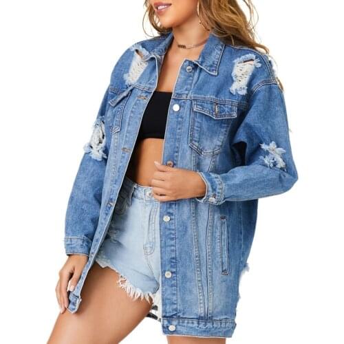 Streetwear Womens Jean Jacket Fashion Ripped Denim Jacket Female Spring And Autumn Coats Harajuku Denim Top Women