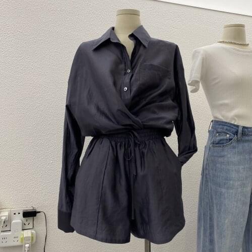 Spring and summer lapel long sleeve loose slim shirt elastic high waist shorts fashion Tencel suit women