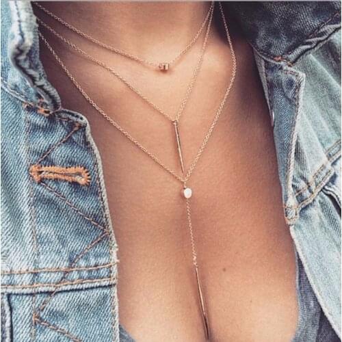 Personality Metal Stick Y Shape Multilayer Necklace Pendant Women Fashion Party Statement Tassel Clavicle Chain Necklaces