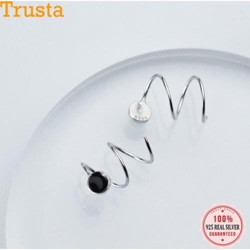 Trusta 100% 925 Real Sterling Silver Womens Black Round Ear Bones Ear Buckle Ring Tightly Packed Mini Double Ring Earring DS992