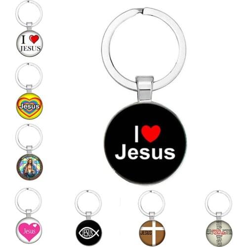I Love Jesus Symbol Fashion Keychain Glass Cabochon Dome Keychain Holder Car Bag Accessories Religious Souvenir Gift
