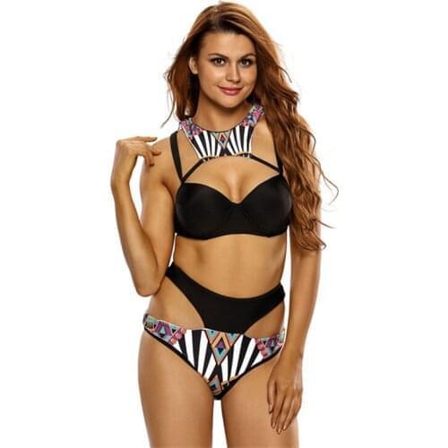 PREETEE 2018 Super Sexy Swimwear Women Bikini Sets Black Swimsuit Grid High Neck Female Hollow Out Patchwork Bathing Beachwear