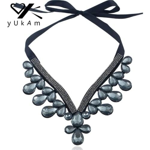 YUKAM Ethnic European Waterdrop Crystal Maxi Ribbon Choker Collares Statement Rope Necklaces for Women Party Jewelry Accessories