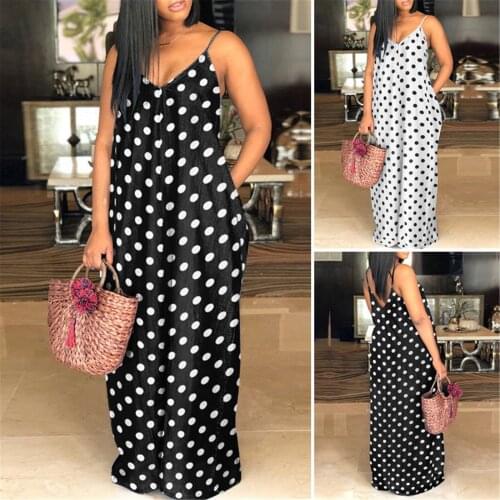 Women Sleeveless Polka Dot Floral Print V-neck Maxi Dress Summer Party Cami Dress with Pockets Oversize Clothing Vestidos Gowns