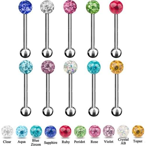 10piece Single Epoxy Covered Ferido Crystal Ball 316L Stainless Steel Tongue Ring Barbell Body Jewelry Nipple Piercing Ring 14g