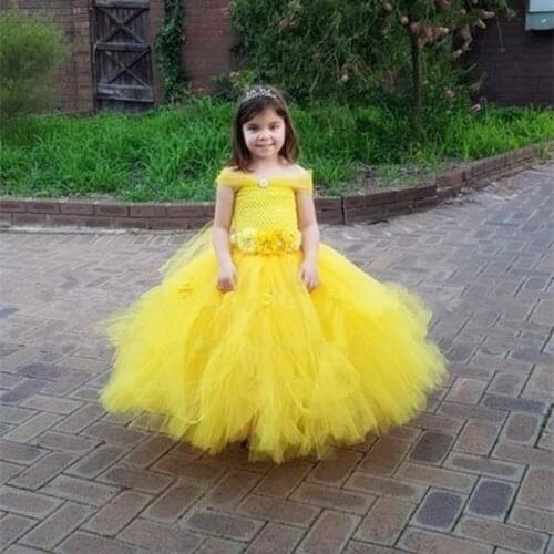 Belle Princess Baby Girls Dress Yellow Kids Baby Christmas Halloween Costumes Beauty Beast Cosplay Dress Flowers Girls Ball Gown