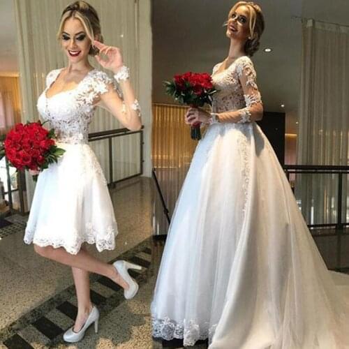 Modern Detachable Skirt Wedding Dresses A Line Long Sleeves Appliques Lace Satin Bride Dress Garden Country Bridal Gowns Train C