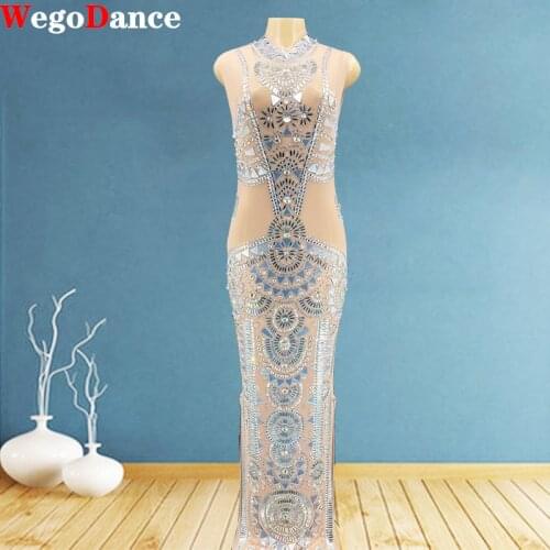 Shining Silver Sequins Rhinestone Dress Women Birthday Bright Sexy Costume Prom Celebrate Bling Mirrors Dresses Evening Outfit
