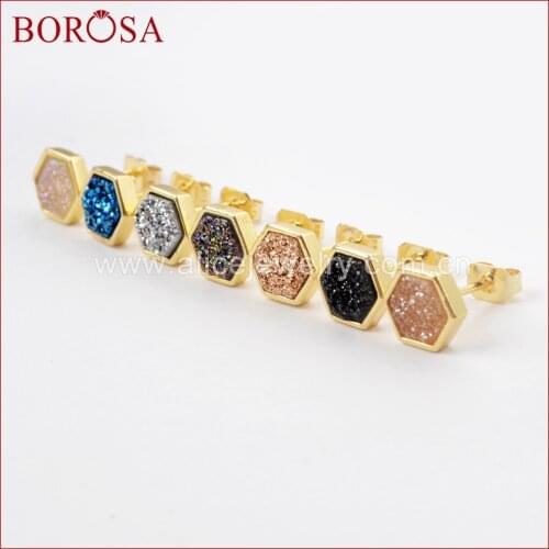 BOROSA 5/10Pairs Gold Color Bezel Hexagon Rainbow Titanium Druzy Stud Earrings Fashion Drusy Earrings for Women Jewelry ZG0275