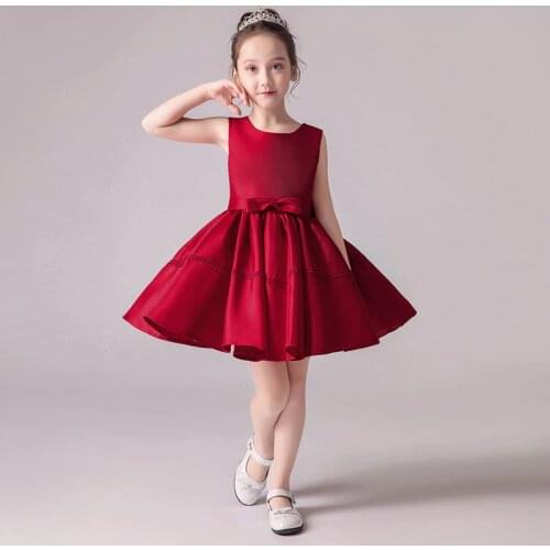 Elegant Flower Girls Dresses Children Sleeveless Wine Red Satin Birthday Party Gown Formal Kids Dresses Girls Vestido