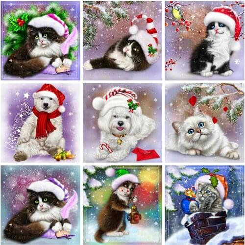 HUACAN 5d Diamond Painting Full Drill Round Cat Dog Diamond Embroidery Cross Stitch Animal Rhinestones Mosaic Christmas Gift