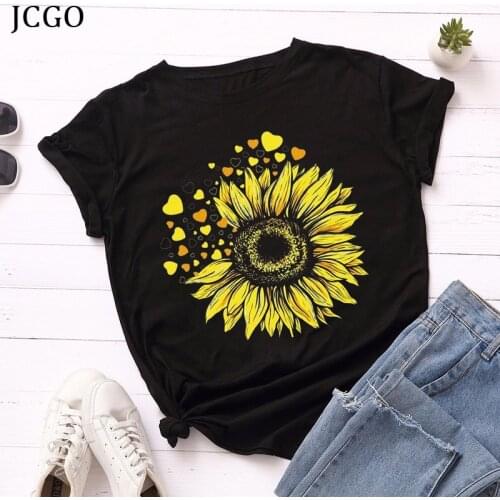 JCGO Summer Women T Shirt 5XL Plus Size Cotton Flower Heart Print Short Sleeve Tees Tops Casual O-Neck Female Oversized TShirt