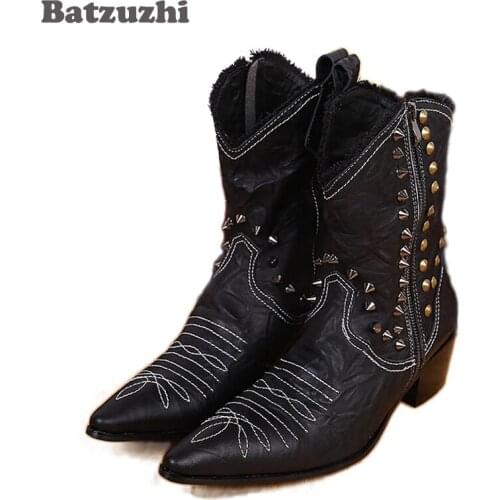 Batzuzhi 6.5cm Heels Mens Leather Boots Black Leather Cowboy Boots Rivets Pionted Toe Motorcycle Boots Botas, Big Size 38-46