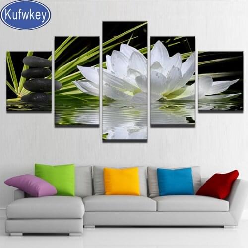 5 piece diamond painting White Lotus Stones Flowers 5d diamond embroidery Painting mosaic pictures diy handmade Crafts