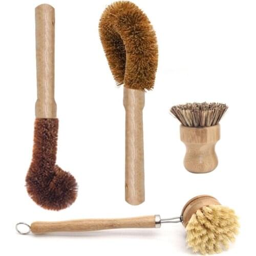 Plant Based Cleaning Brush Set 4 Pi, Beech Wood and onut Brile Wooden Pa