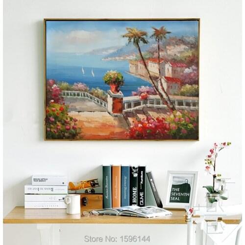 Hand painted Mediterranean Seascape oil painting on canvas House by the sea Wall Painting Pictures for Living Room decoration