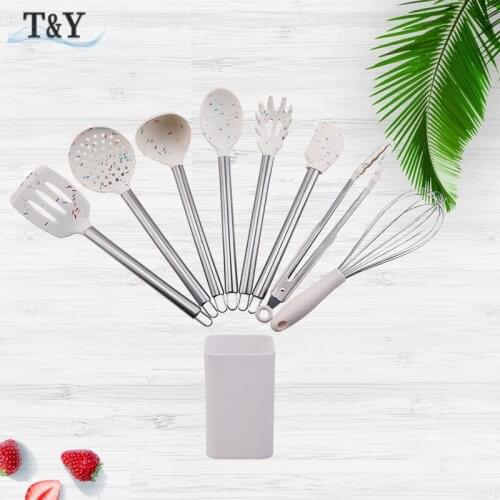 T&Y 9pcs New Colorful Non-Stick Silicone Utensil Cooking Set with Stainless Steel Handle, Ladle Scraper Spatula Turner Tools