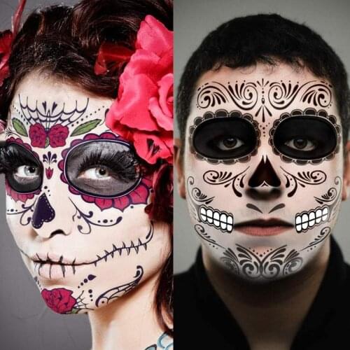 2PC Halloween Waterproof Temporary Tattoo Sticker Facial makeup Special Face Day of The Dead Skull dress up Halloween Halloween
