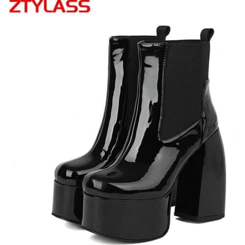 2021 Black Sexy Super High Heel Platform Ankle Boots Fashion Patetn Leather Women Boots Autumn Winter Slip On Chelsea Boots