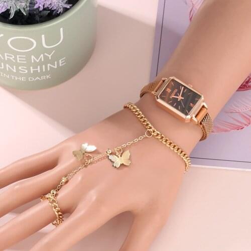 Women Watch Bracelet Gift Set with Box Lady Square Quartz Watch Mesh Strap Magnetic Buckle Butterfly Chains Rings Gift for Wife