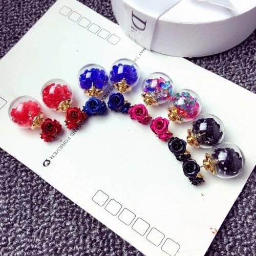 Women Girls Fashion stud Earrings Three Rose Flowers Glass Ball Double Sides Earrings Filled Zircon Crystal Elegant Ear Jewelry