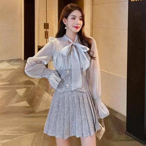 Female Autumn Fashion Temperament College Patchwork Tweed Top High Waist Pleated Skirt Two-Piece Suits Women Sets