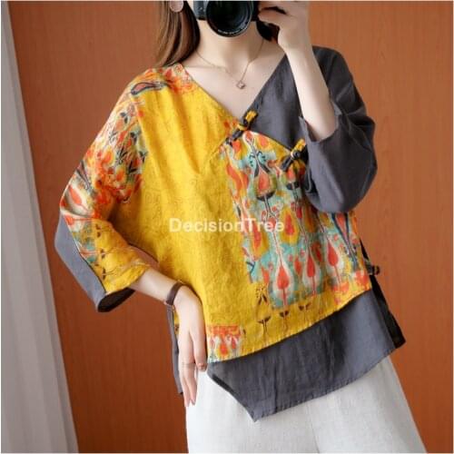 2021 female linen cotton chinese traditional national tops flower printed loose hanfu blouse women vintage v neck soft blouse