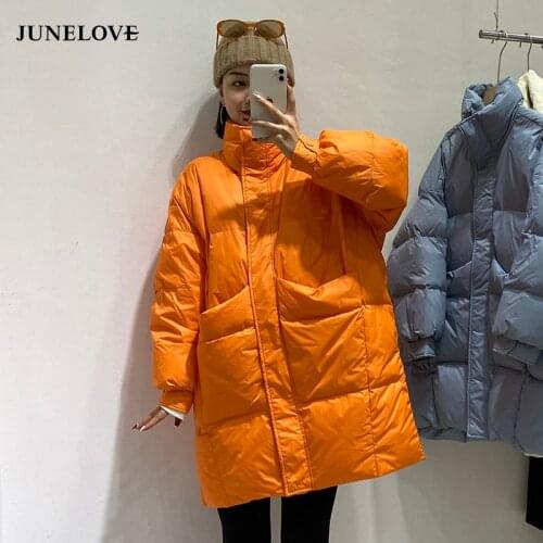 JuneLove 2021 Winter Women Solid 90% White Duck Down Coats Female Casual Pocket Warm Outerwears Stand Collar Solid Down Jacket