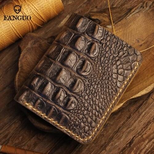 Crocodile Pattern Mens Wallet Handmade Genuine Leather Short Wallet For Male Storage Credit ID Card Slots Money Bag