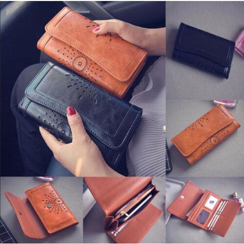 Hot Ladies Women Boho Leather Hollow Out Wallet Handbag Clutch Bag Phone Card Holder Long Purse