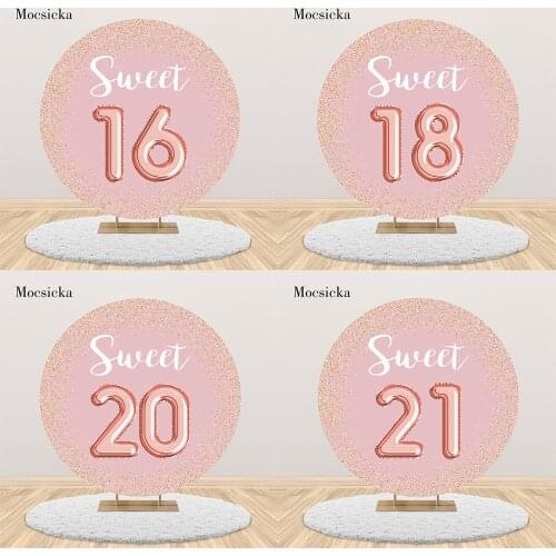 Mocsicka Round Circle Birthday Backdrop Pink Sweet 16 18 20 21th Child Birthday Party Background Photocall Customize Table Cover