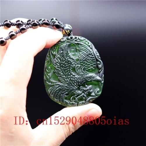 Natural Black Green Chinese Jade Eagle Pendant Beads Necklace Charm Jewelry Obsidian Accessories Carved Amulet Gifts for Her