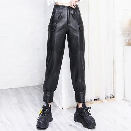 Autumn Winter Womens Genuine leather Cargo pants High quality sheepskin high-rise leather ninth pants C655