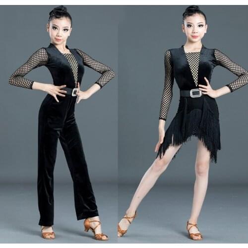 Latin Dance Dress Girls Velvet Bodysuit Fringed Skirt Pants Kids Practice Costumes Rumba Cha Cha Samba Salsa Tango Wear DN5290