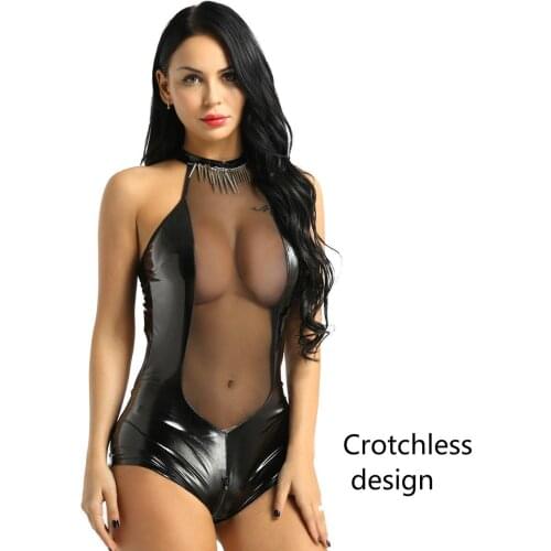 Sexy Crotchless Latex Bodysuit Net Lingerie Breast Exposing Transparent See Through Catsuit