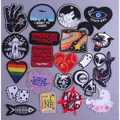 UFO Aline Stickers Clothing Patches Badges Iron On Patches For Clothing Punk Letter Embroidery Patch Hippie Applique Stripes