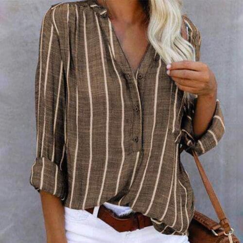 Single Breasted Striped Women Casual Shirt Elegant Long Sleeve Soft Button Down V-Neck Loose Work Shirt Female Clothing Tops
