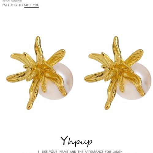 Yhpup Trendy Flower Imitation Pearls Stud Earrings Jewelry for Women Summer 2021 Metal Earrings Accessories Bijoux Femme Gift