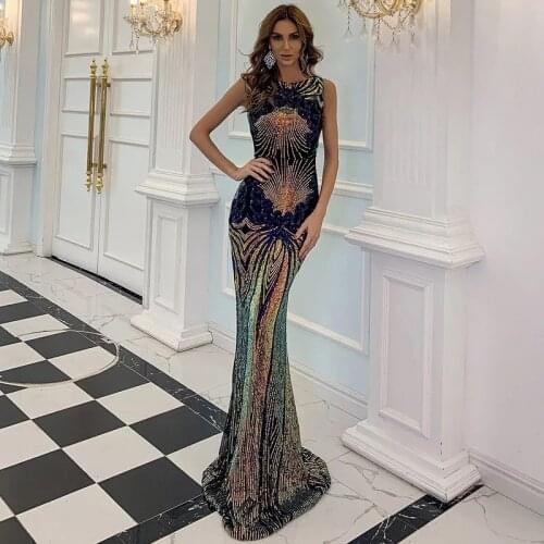 High Quality Women Summer Blue O-Neck Off the Should Sequins Newlife Floor-Length Rayon Celebrity Sexy Women Evening Party Dress