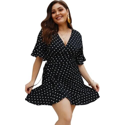 Summer Fat MM Women Dress Bandage Plus Size Oversized Mini Beach Polka Dot Short Flare Sleeve A-line V-neck Party Sexy Clothes