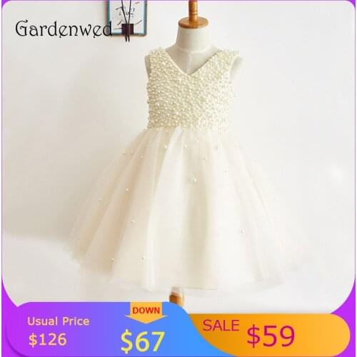 2020 Ivory Pearls Stars Flower Girl Dresses Vneck Knee Length Girl Dress for Weddings Sleeveless Semi-Backless Communion Dress
