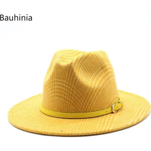 Bauhinia 2020 Men Women Wide Brim Wool Felt Jazz Fedora Hats British style Trilby Party Formal Panama Cap Yellow Belt Hat